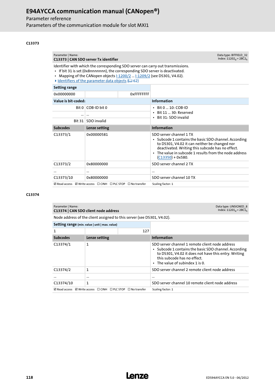 C13373 | can sdo server tx identifier, C13374 | can sdo client node address, C13374 | C13373, E94aycca communication manual (canopen®) | Lenze E94AYCCA User Manual | Page 118 / 188