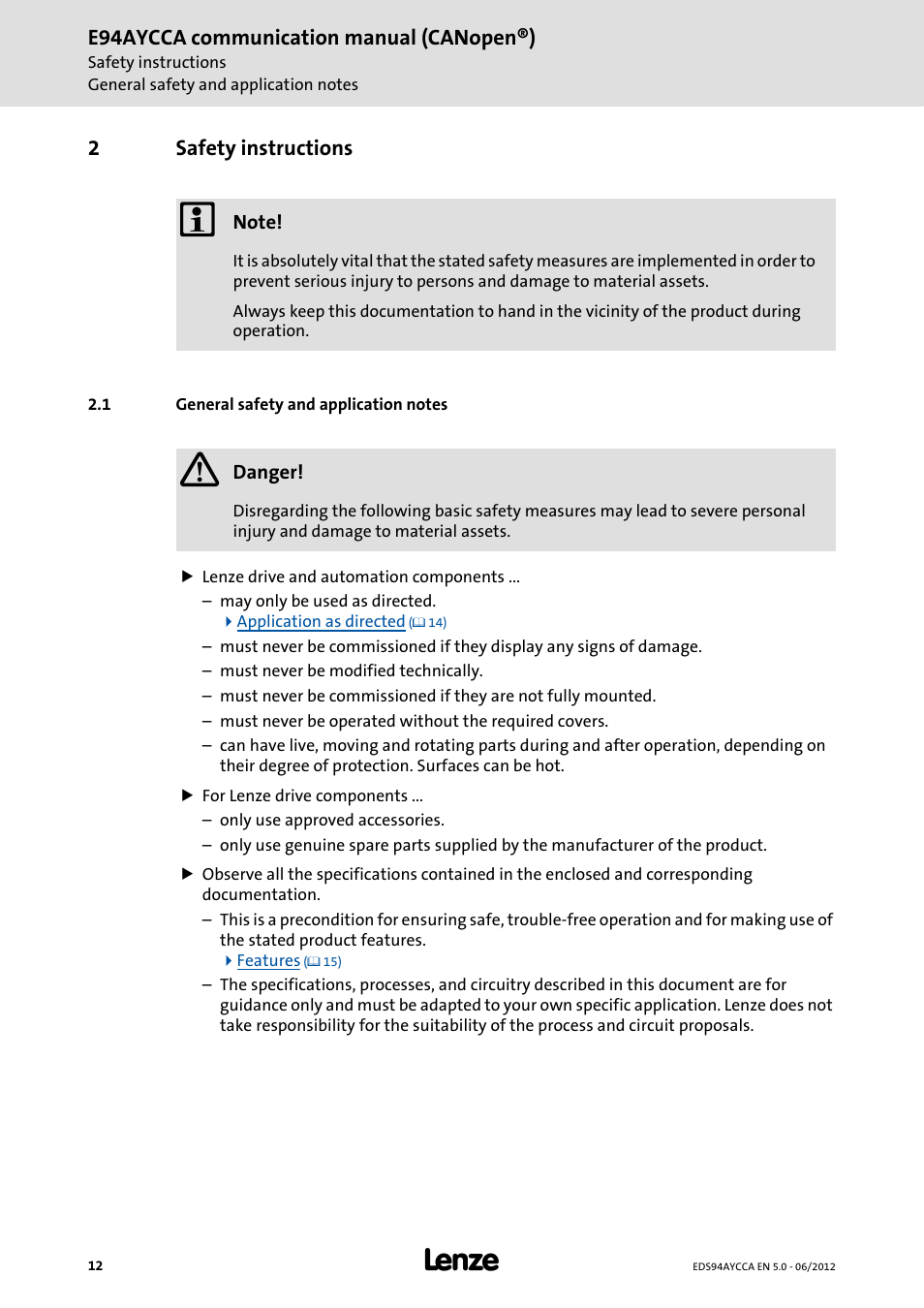 2 safety instructions, 1 general safety and application notes, Safety instructions | General safety and application notes | Lenze E94AYCCA User Manual | Page 12 / 188