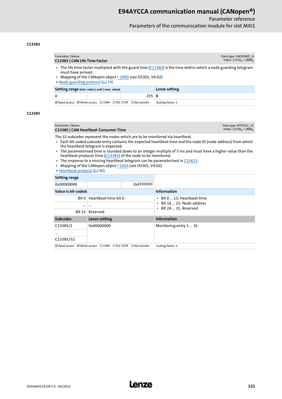 C13383 | can life time factor, C13385 | can heartbeat consumer time, C13383 | Set life time factor, Et life time factor, C13385, C13385/1, E94aycca communication manual (canopen®) | Lenze E94AYCCA User Manual | Page 121 / 188