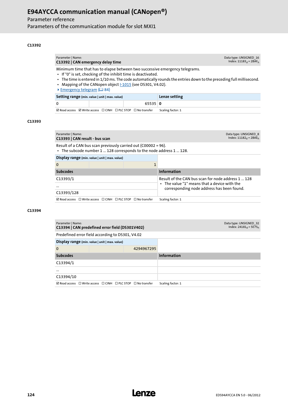 C13392 | can emergency delay time, C13393 | can result - bus scan, C13394 | can predefined error field (ds301v402) | E94aycca communication manual (canopen®) | Lenze E94AYCCA User Manual | Page 124 / 188