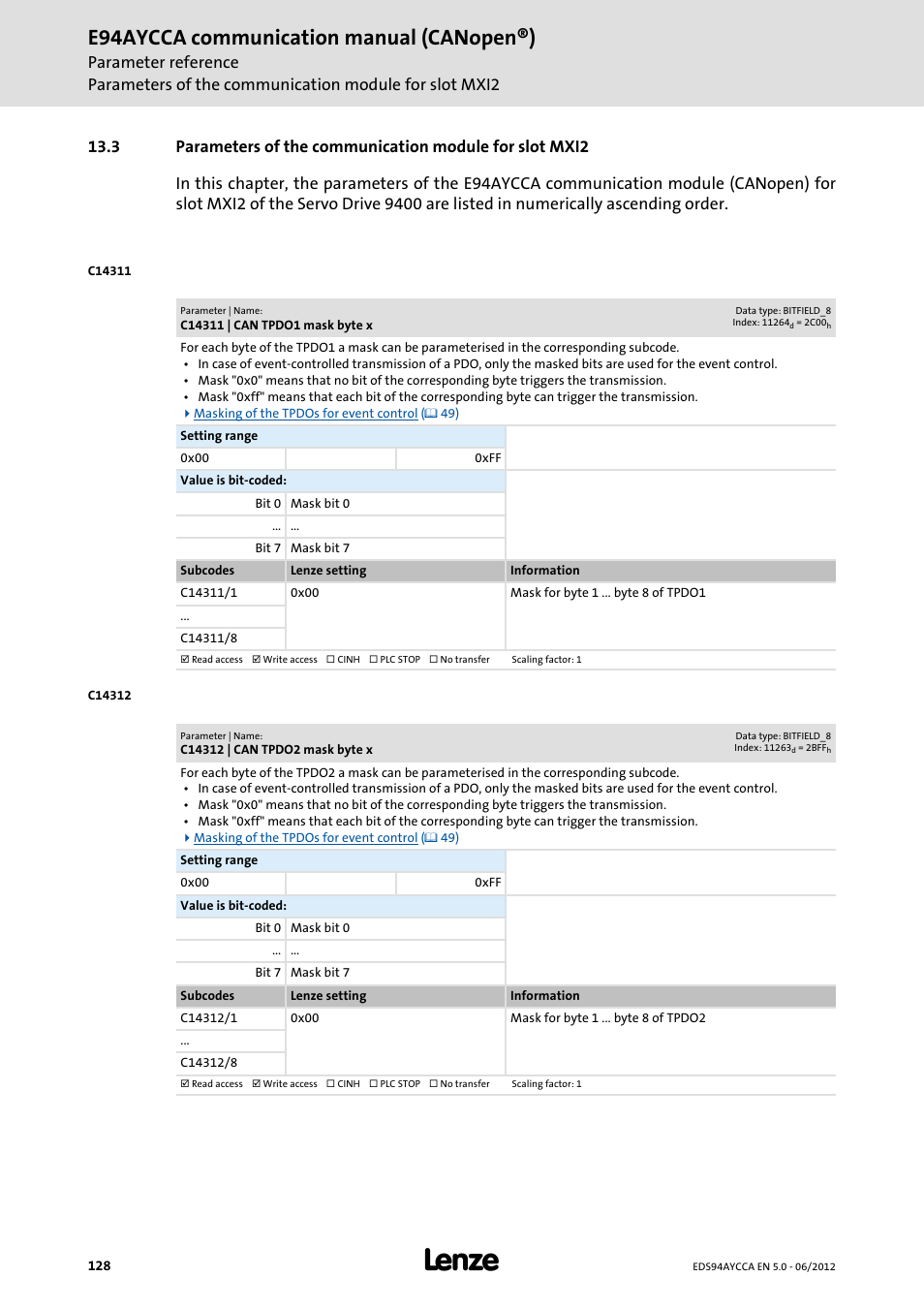 C14311 | can tpdo1 mask byte x, C14312 | can tpdo2 mask byte x, C14311/1 | C14312/1, E94aycca communication manual (canopen®) | Lenze E94AYCCA User Manual | Page 128 / 188