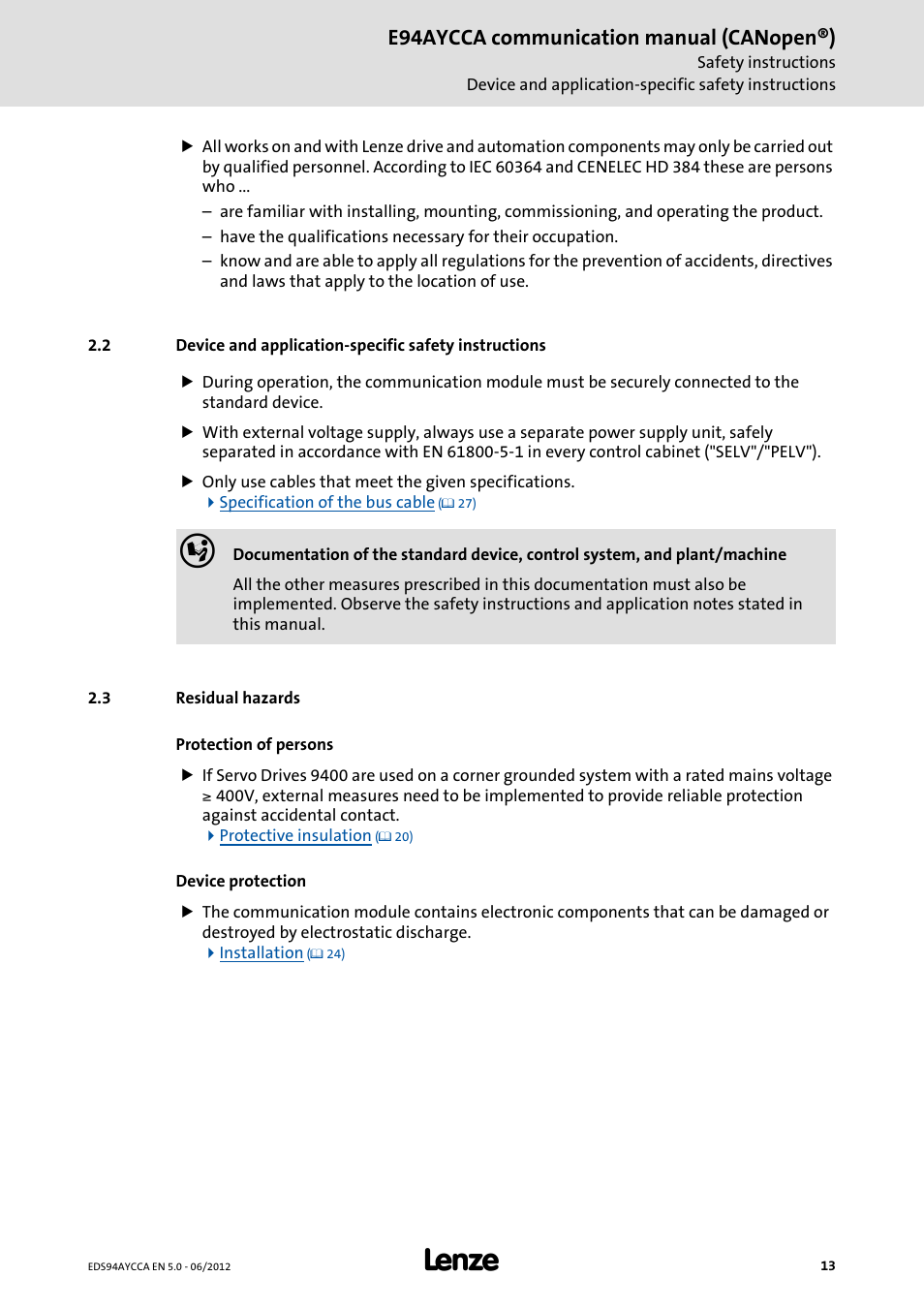 3 residual hazards, Residual hazards, E94aycca communication manual (canopen®) | Lenze E94AYCCA User Manual | Page 13 / 188