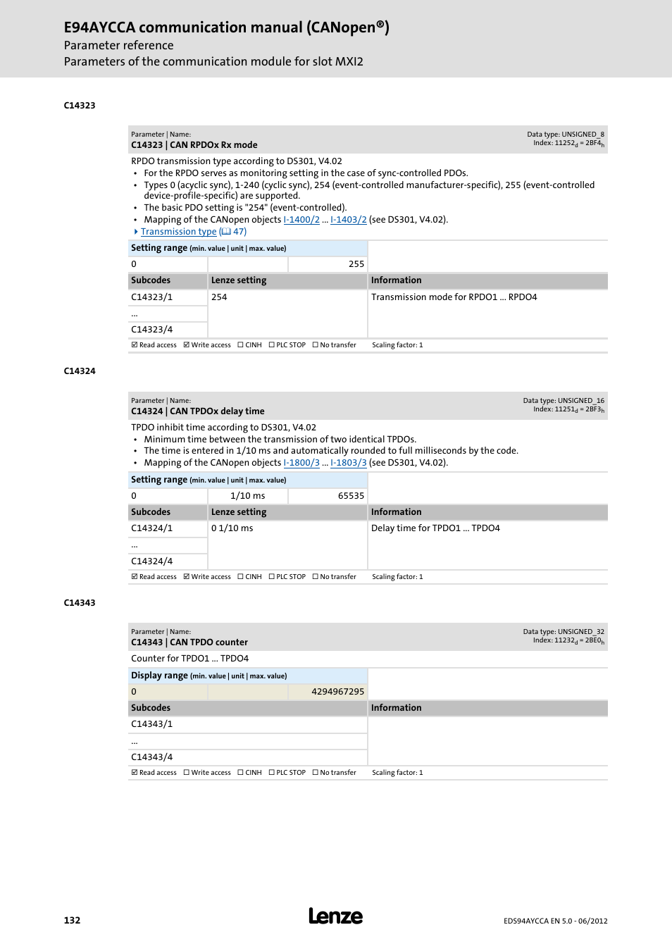 C14323 | can rpdox rx mode, C14324 | can tpdox delay time, C14343 | can tpdo counter | C14323/1, C14324/1, E94aycca communication manual (canopen®) | Lenze E94AYCCA User Manual | Page 132 / 188