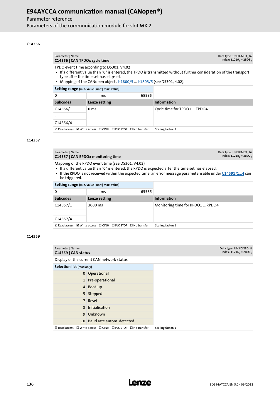 C14356 | can tpdox cycle time, C14357 | can rpdox monitoring time, C14359 | can status | C14356/1, C14357/1, E94aycca communication manual (canopen®) | Lenze E94AYCCA User Manual | Page 136 / 188