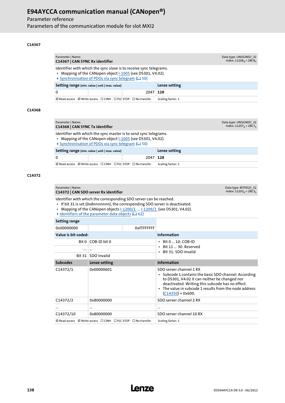 C14367 | can sync rx identifier, C14368 | can sync tx identifier, C14372 | can sdo server rx identifier | C14367, C14368, C14372, E94aycca communication manual (canopen®) | Lenze E94AYCCA User Manual | Page 138 / 188