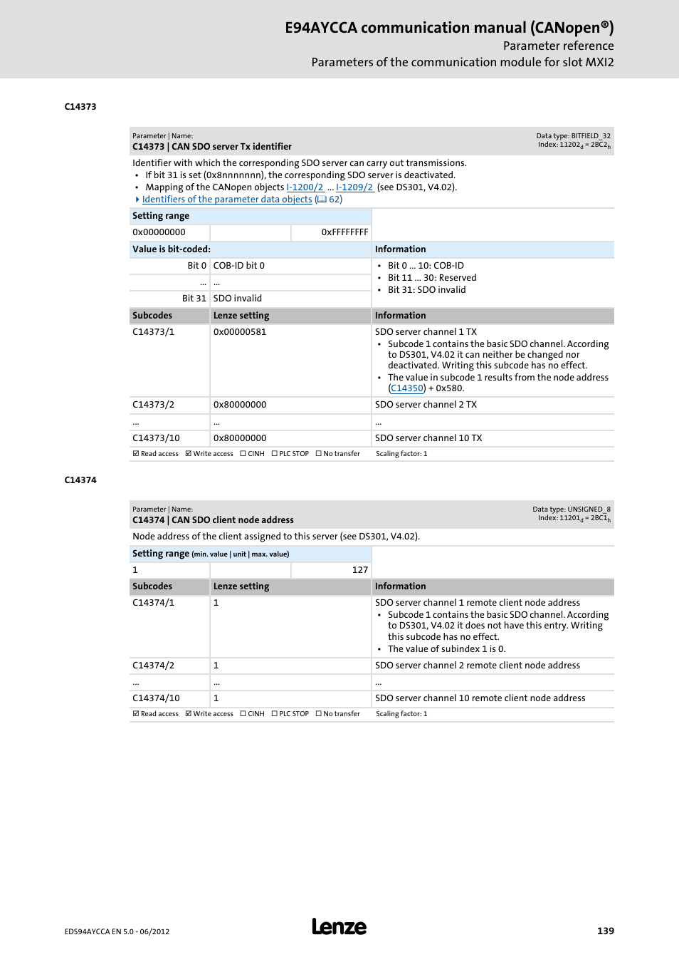 C14373 | can sdo server tx identifier, C14374 | can sdo client node address, C14374 | C14373, E94aycca communication manual (canopen®) | Lenze E94AYCCA User Manual | Page 139 / 188