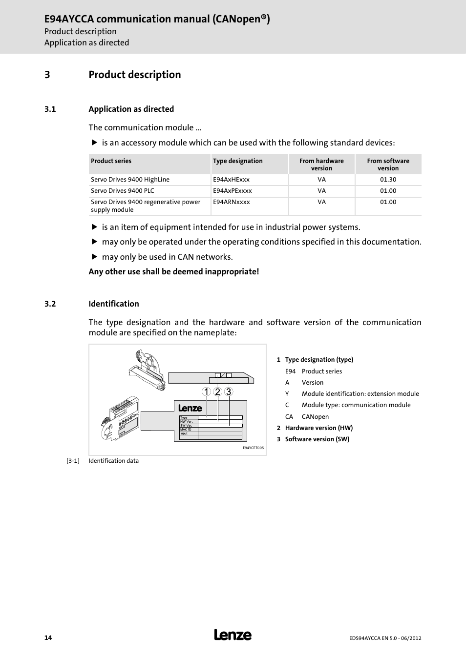 3 product description, 1 application as directed, 2 identification | Product description, Application as directed, Identification, Application as directed ( 14), E94aycca communication manual (canopen®), 3product description | Lenze E94AYCCA User Manual | Page 14 / 188