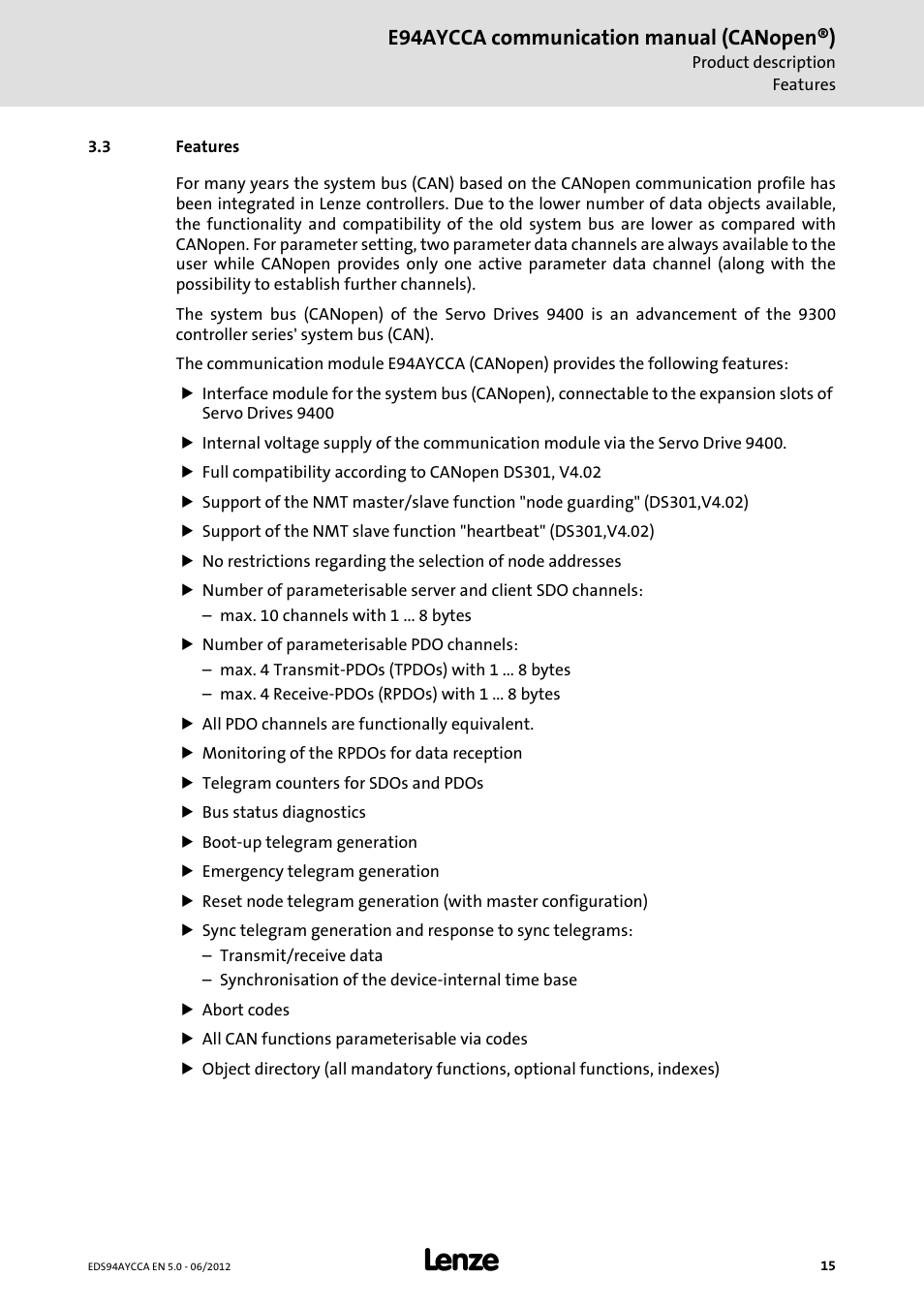 3 features, Features, Features ( 15) | E94aycca communication manual (canopen®) | Lenze E94AYCCA User Manual | Page 15 / 188