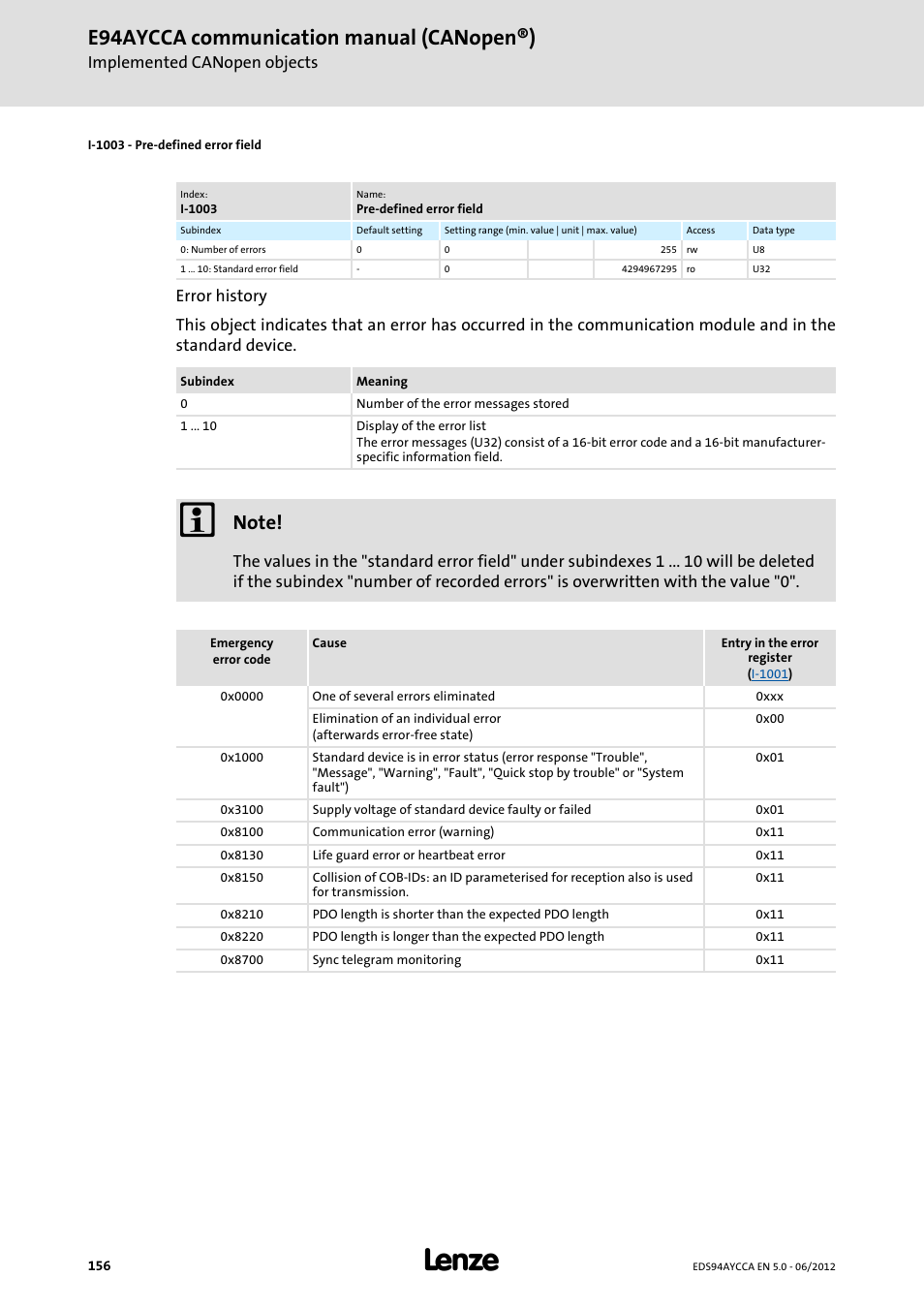 I-1003 - pre-defined error field, I-1003, E94aycca communication manual (canopen®) | Lenze E94AYCCA User Manual | Page 156 / 188