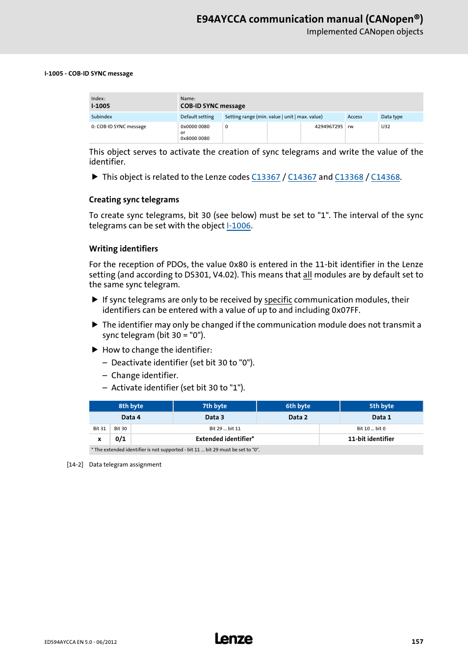 I-1005 - cob-id sync message, I-1005, E94aycca communication manual (canopen®) | Lenze E94AYCCA User Manual | Page 157 / 188