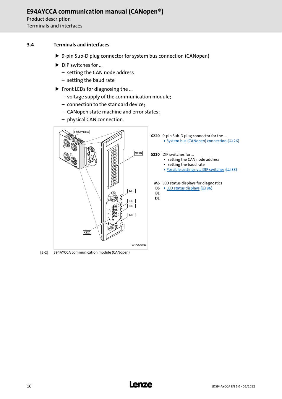 4 terminals and interfaces, Terminals and interfaces, E94aycca communication manual (canopen®) | Lenze E94AYCCA User Manual | Page 16 / 188