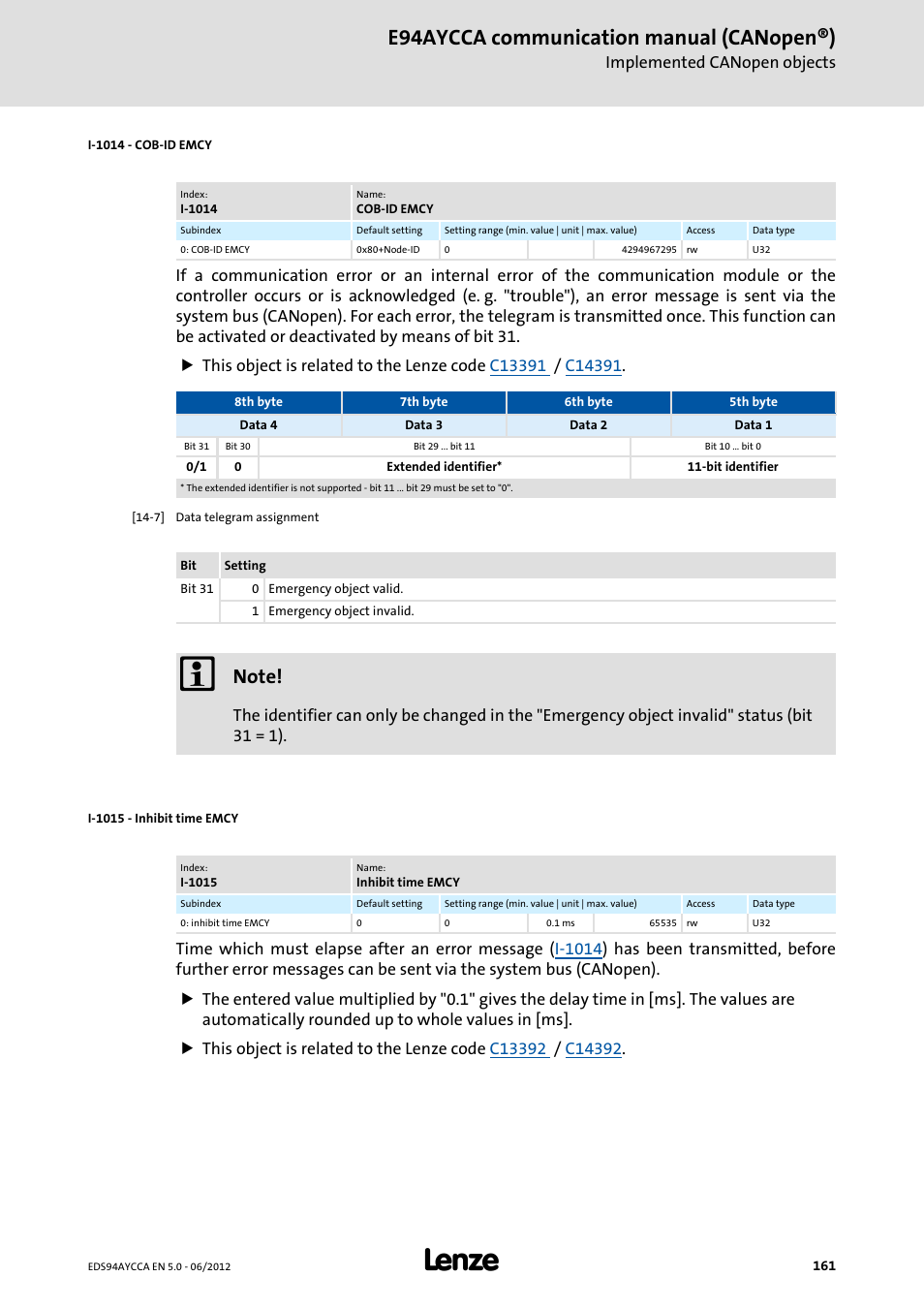 I-1014 - cob-id emcy, I-1015 - inhibit time emcy, I-1014 | I-1015, E94aycca communication manual (canopen®) | Lenze E94AYCCA User Manual | Page 161 / 188