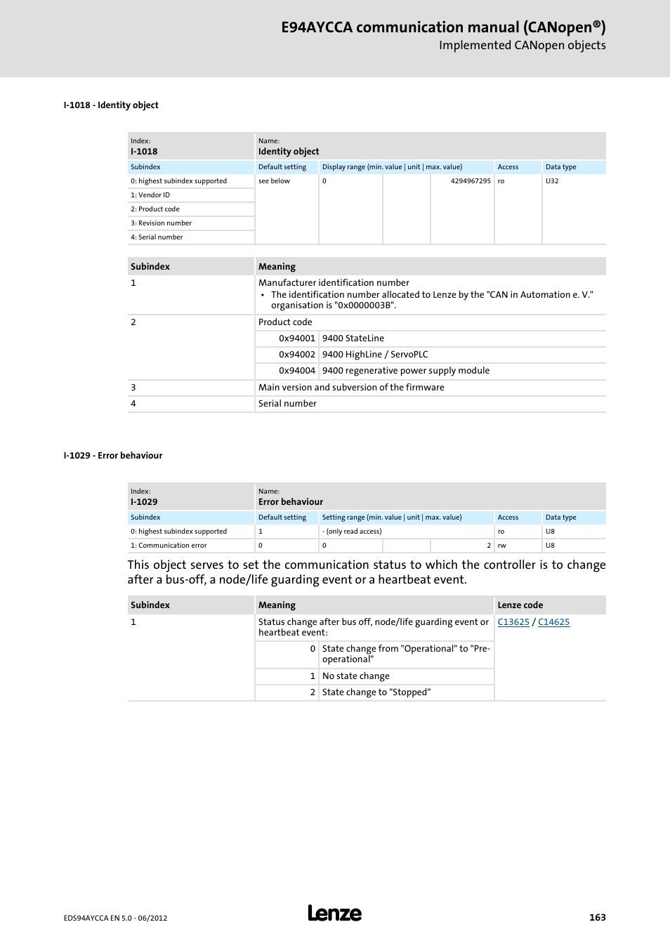 I-1018 - identity object, I-1029 - error behaviour, I-1029 | See ds301, I-1018, E94aycca communication manual (canopen®), Implemented canopen objects | Lenze E94AYCCA User Manual | Page 163 / 188