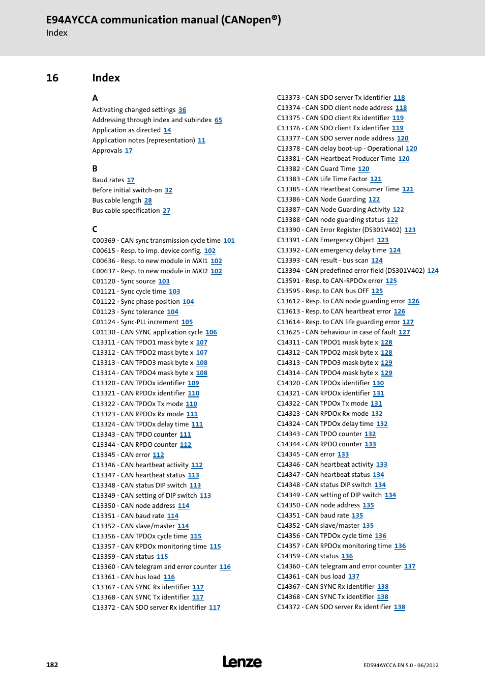 16 index, Index, E94aycca communication manual (canopen®) | Lenze E94AYCCA User Manual | Page 182 / 188
