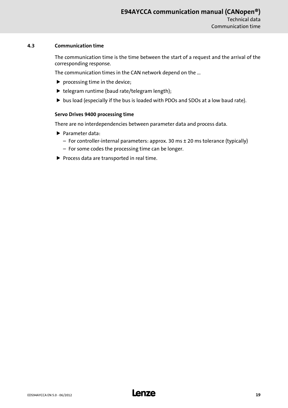 3 communication time, Communication time | Lenze E94AYCCA User Manual | Page 19 / 188