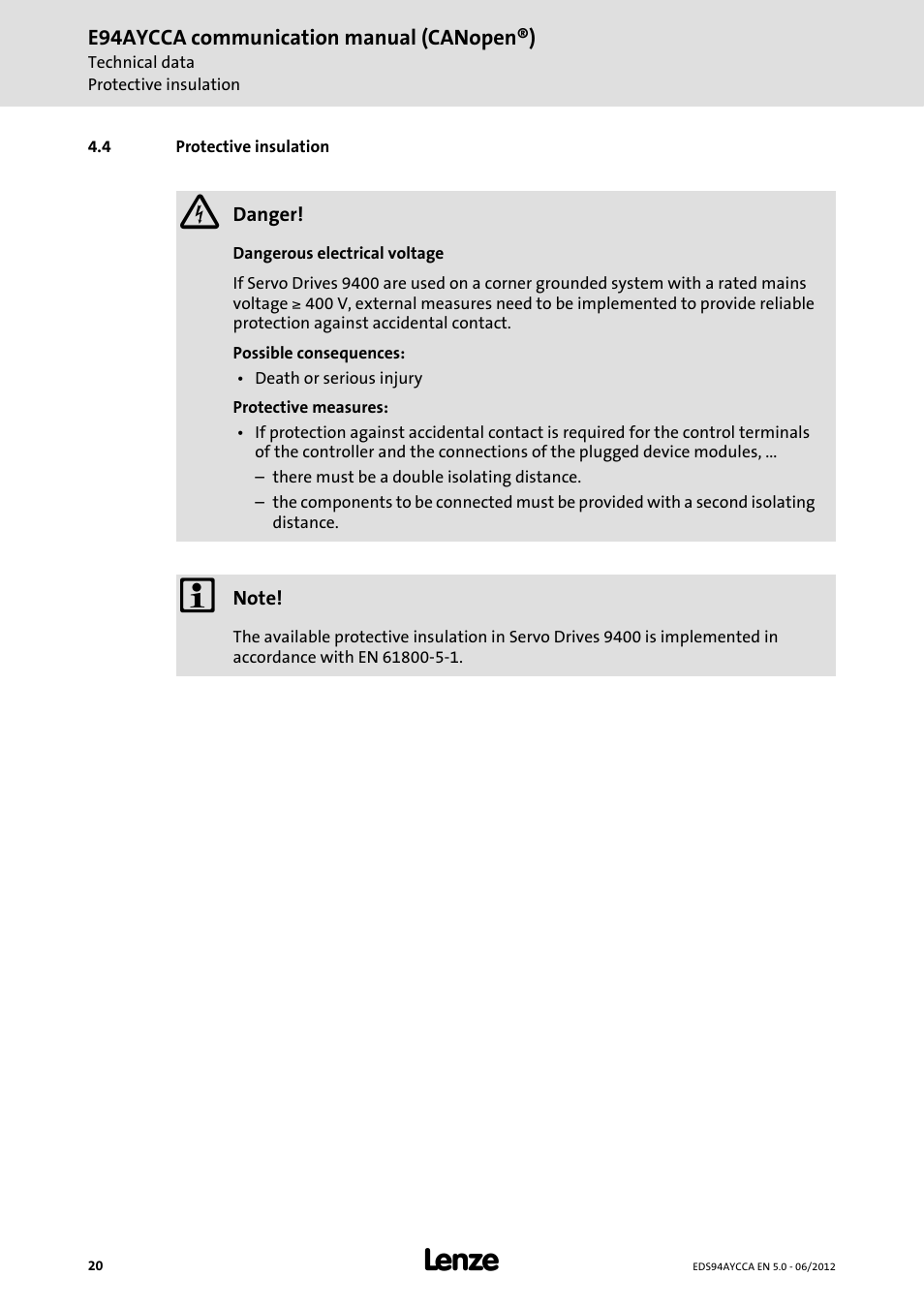 4 protective insulation, Protective insulation | Lenze E94AYCCA User Manual | Page 20 / 188