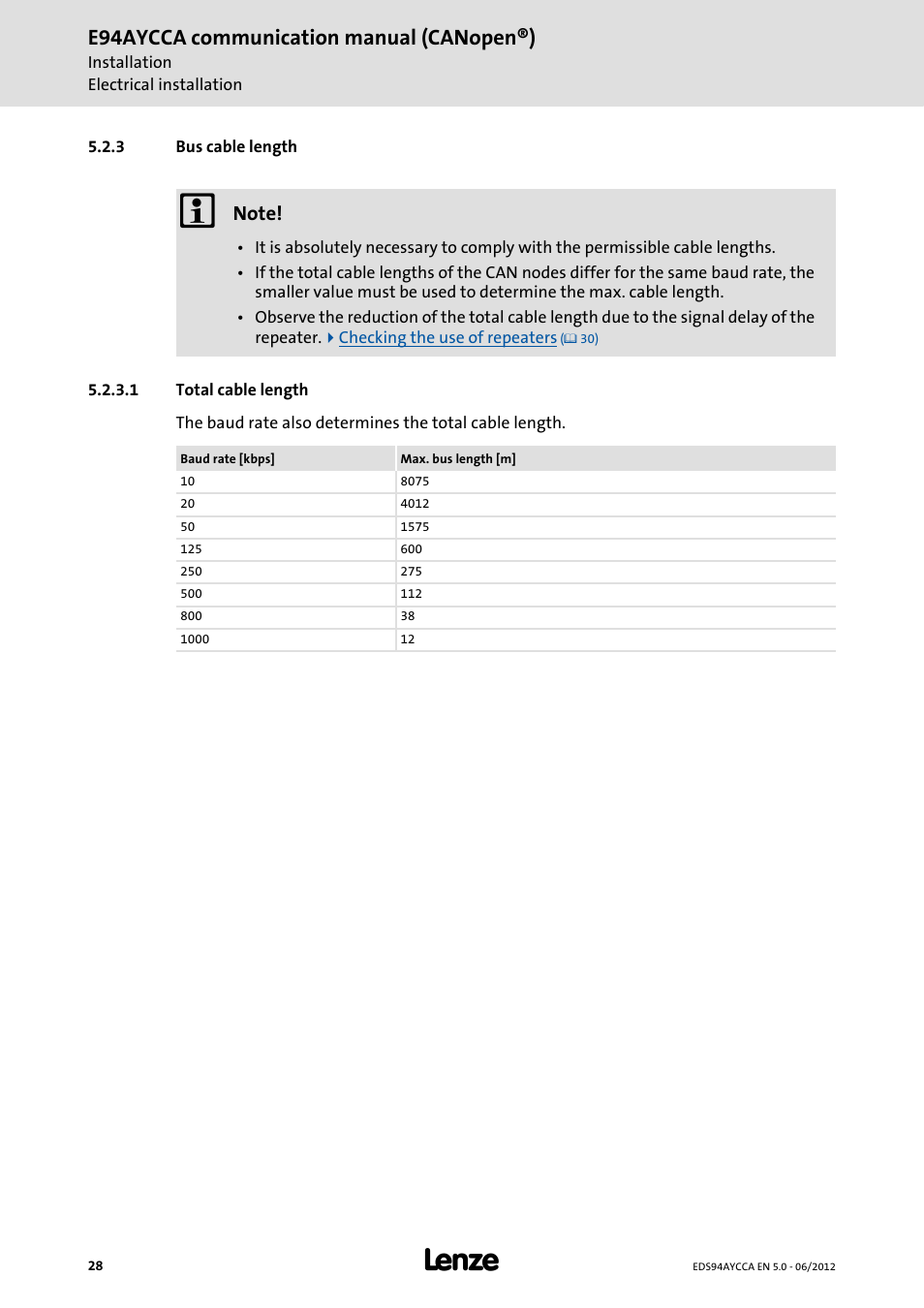 3 bus cable length, 1 total cable length, Bus cable length | E94aycca communication manual (canopen®) | Lenze E94AYCCA User Manual | Page 28 / 188