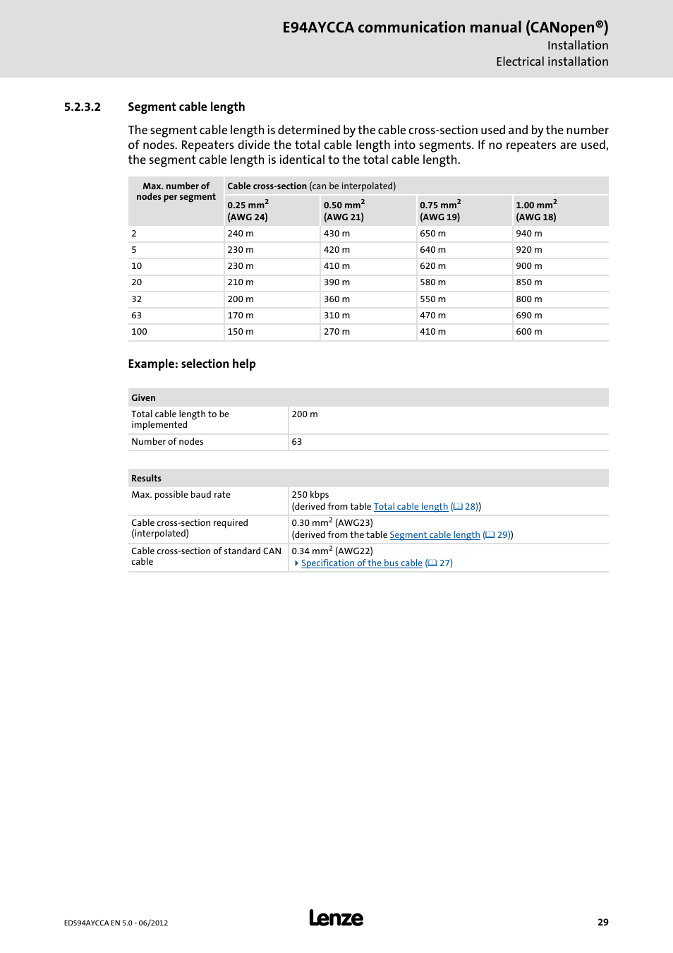 2 segment cable length, E94aycca communication manual (canopen®) | Lenze E94AYCCA User Manual | Page 29 / 188