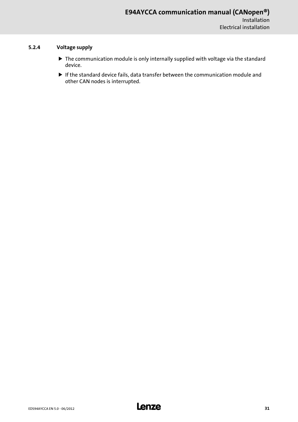 4 voltage supply, Voltage supply | Lenze E94AYCCA User Manual | Page 31 / 188