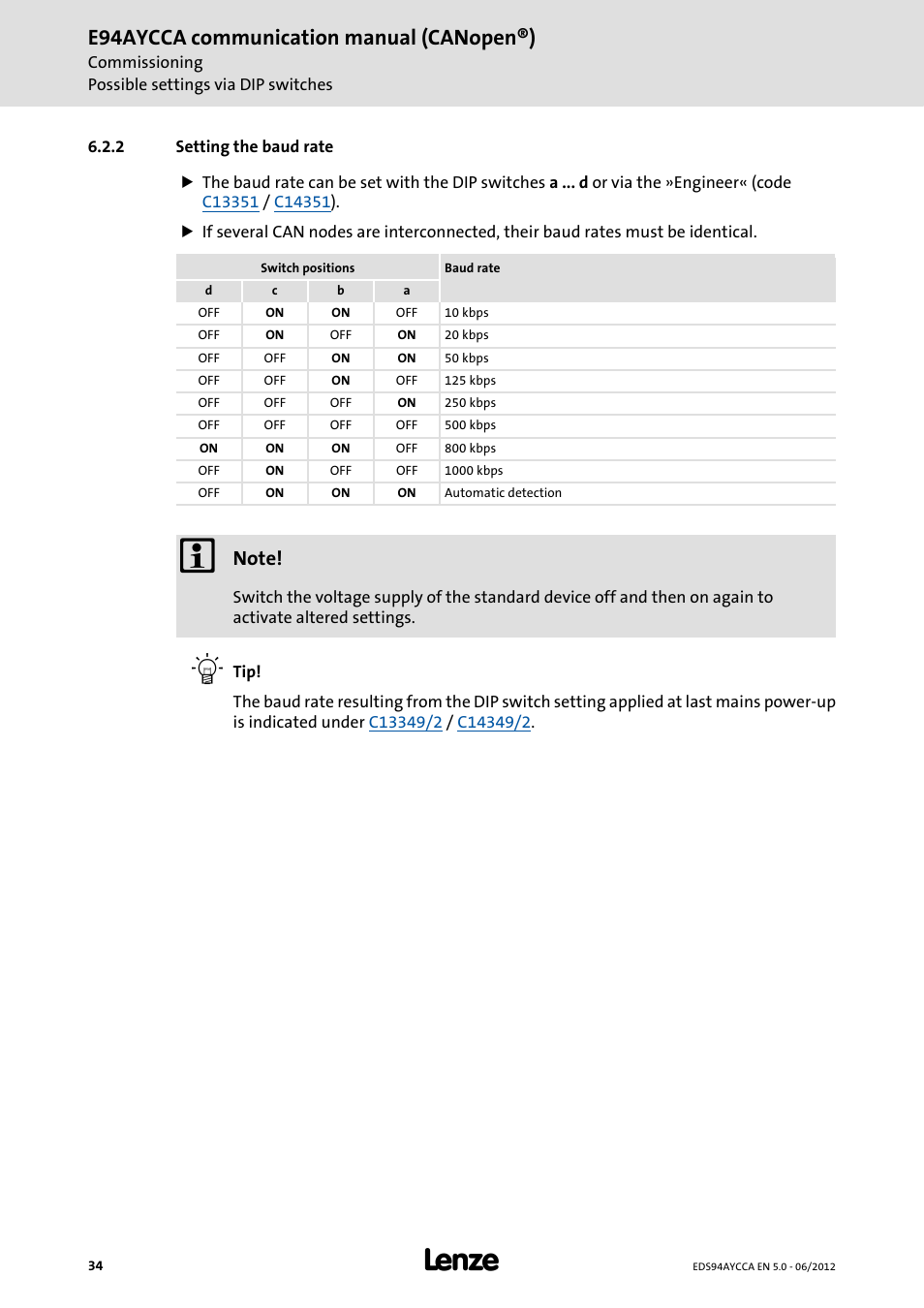 2 setting the baud rate, Setting the baud rate, E94aycca communication manual (canopen®) | Lenze E94AYCCA User Manual | Page 34 / 188