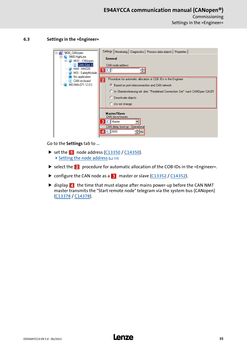 3 settings in the »engineer, Settings in the »engineer, E94aycca communication manual (canopen®) | Lenze E94AYCCA User Manual | Page 35 / 188