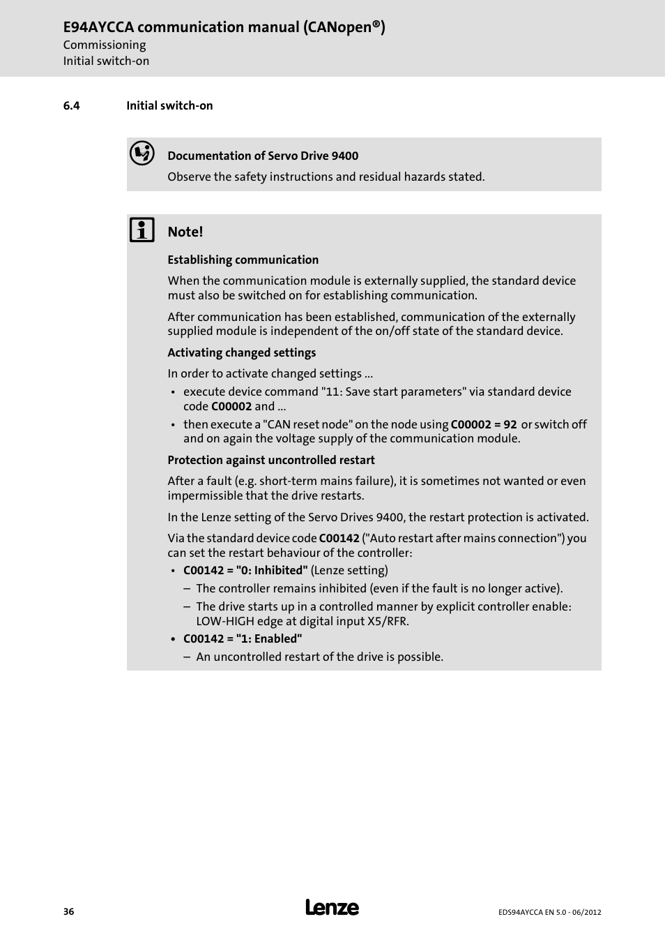 4 initial switch-on, Initial switch-on | Lenze E94AYCCA User Manual | Page 36 / 188