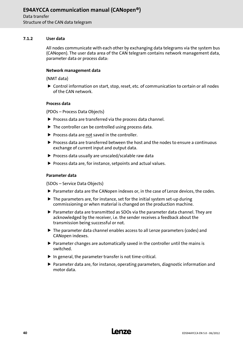 2 user data, User data, E94aycca communication manual (canopen®) | Lenze E94AYCCA User Manual | Page 40 / 188