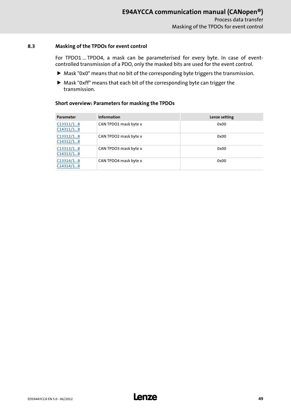 3 masking of the tpdos for event control, Masking of the tpdos for event control, E94aycca communication manual (canopen®) | Lenze E94AYCCA User Manual | Page 49 / 188