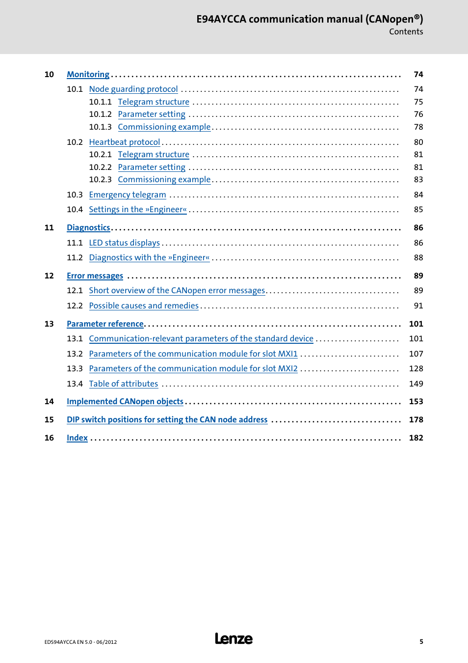 E94aycca communication manual (canopen®) | Lenze E94AYCCA User Manual | Page 5 / 188
