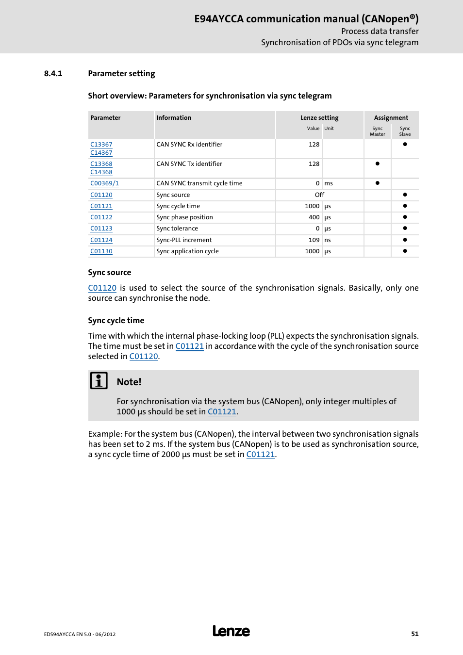 1 parameter setting, Parameter setting, E94aycca communication manual (canopen®) | Lenze E94AYCCA User Manual | Page 51 / 188