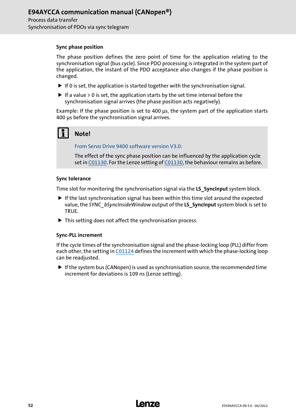 Lenze E94AYCCA User Manual | Page 52 / 188