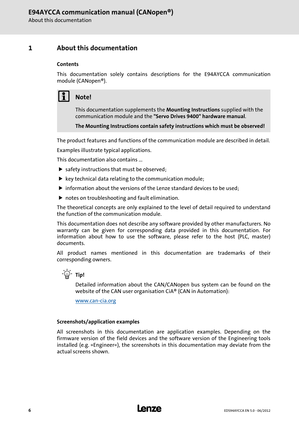 1 about this documentation, About this documentation | Lenze E94AYCCA User Manual | Page 6 / 188