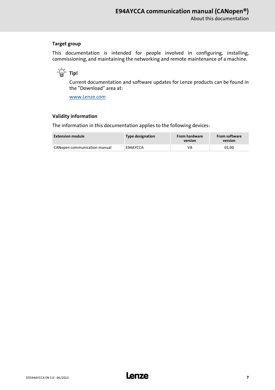 E94aycca communication manual (canopen®) | Lenze E94AYCCA User Manual | Page 7 / 188