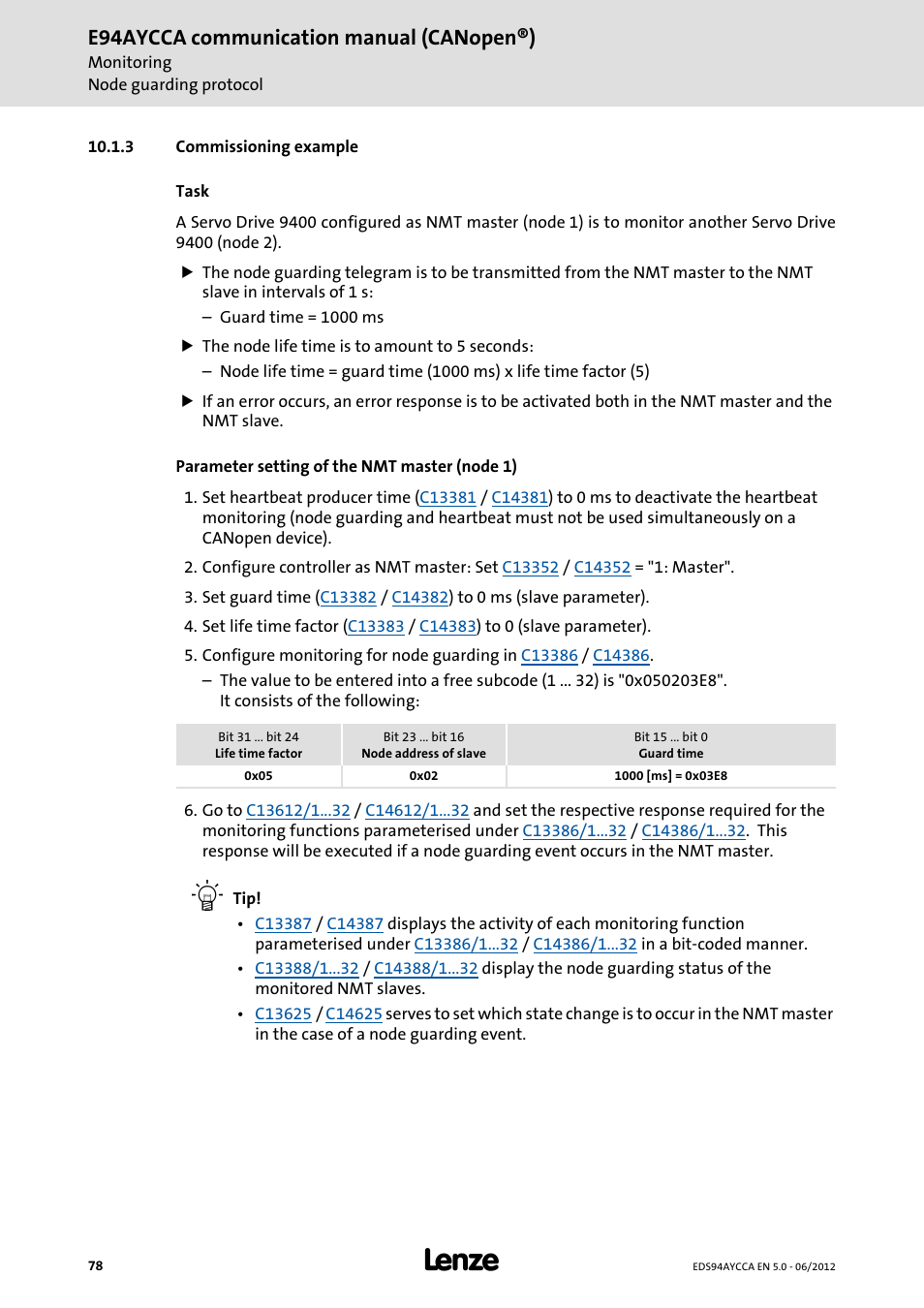 3 commissioning example, Commissioning example, E94aycca communication manual (canopen®) | Lenze E94AYCCA User Manual | Page 78 / 188