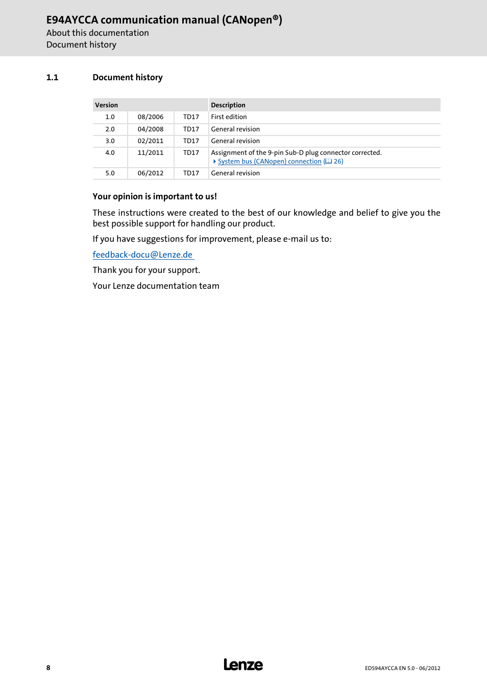 1 document history, Document history, E94aycca communication manual (canopen®) | Lenze E94AYCCA User Manual | Page 8 / 188