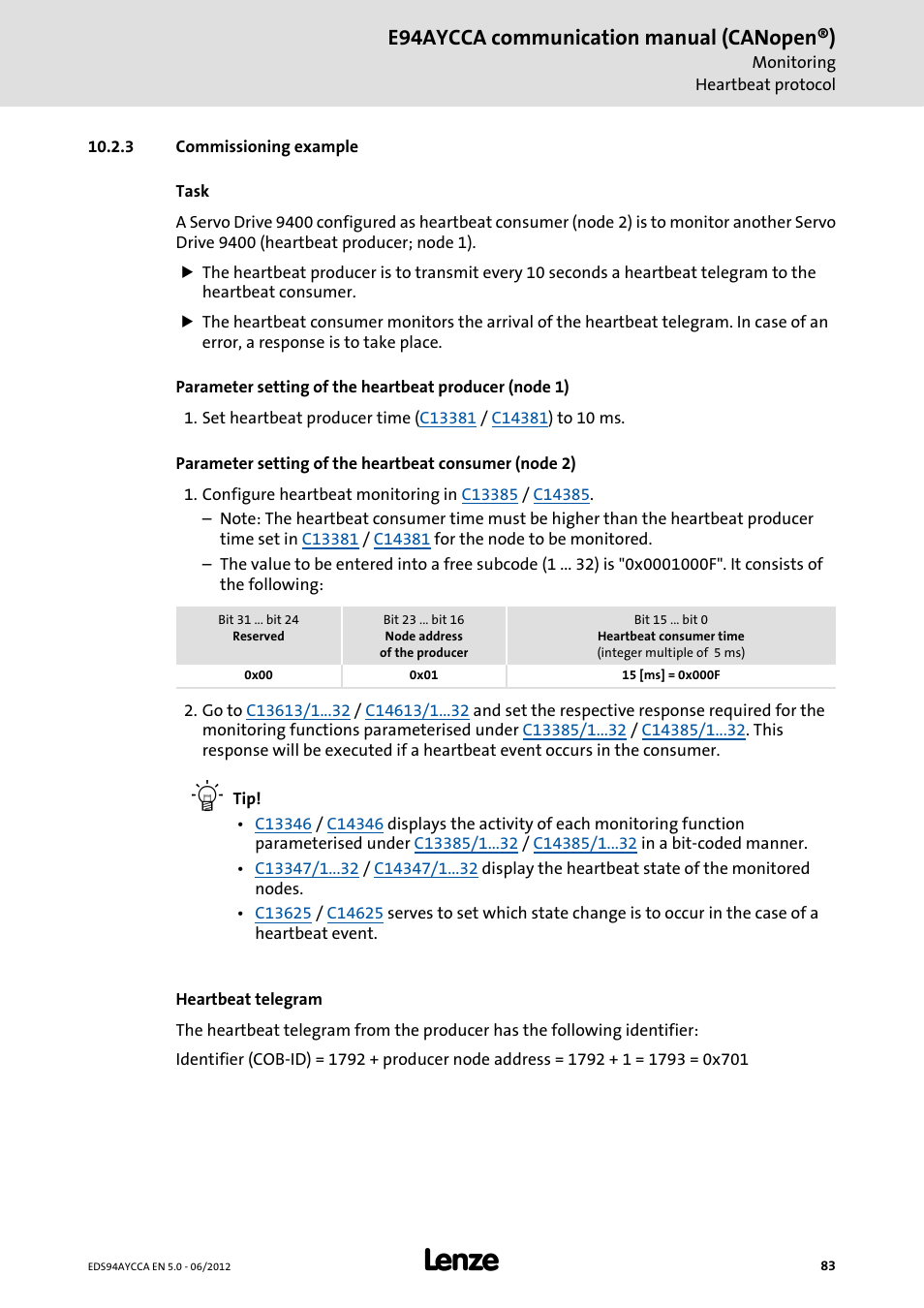 3 commissioning example, Commissioning example, E94aycca communication manual (canopen®) | Lenze E94AYCCA User Manual | Page 83 / 188