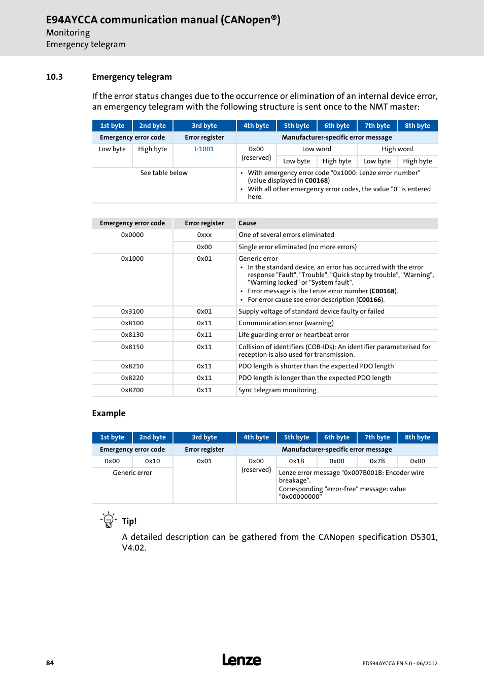 3 emergency telegram, Emergency telegram, E94aycca communication manual (canopen®) | Lenze E94AYCCA User Manual | Page 84 / 188