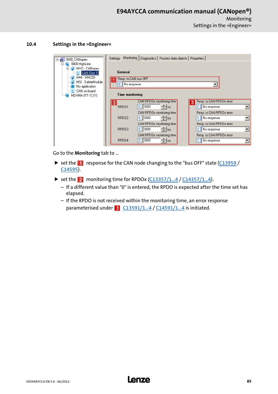 4 settings in the »engineer, Settings in the »engineer, E94aycca communication manual (canopen®) | Lenze E94AYCCA User Manual | Page 85 / 188