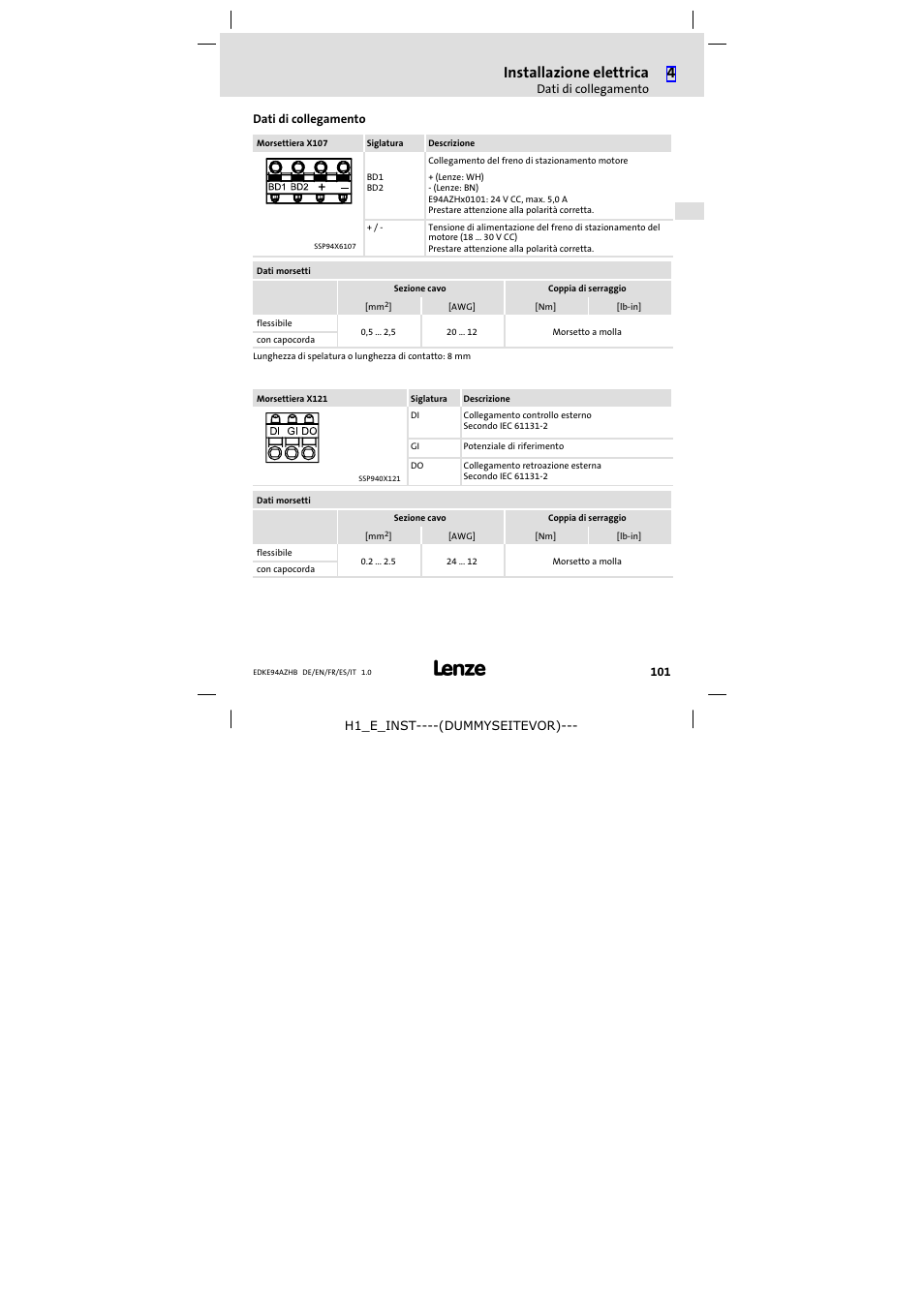 Dati di collegamento, Installazione elettrica | Lenze E94AZHB0101 User Manual | Page 101 / 104