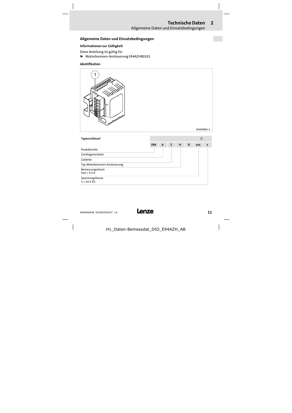 2 technische daten, Allgemeine daten und einsatzbedingungen, Technische daten | Lenze E94AZHB0101 User Manual | Page 11 / 104