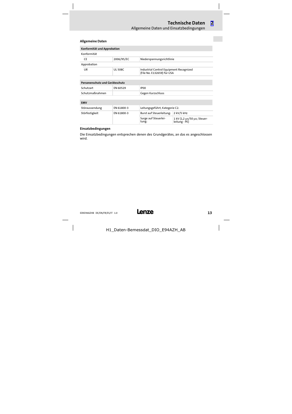 Technische daten | Lenze E94AZHB0101 User Manual | Page 13 / 104