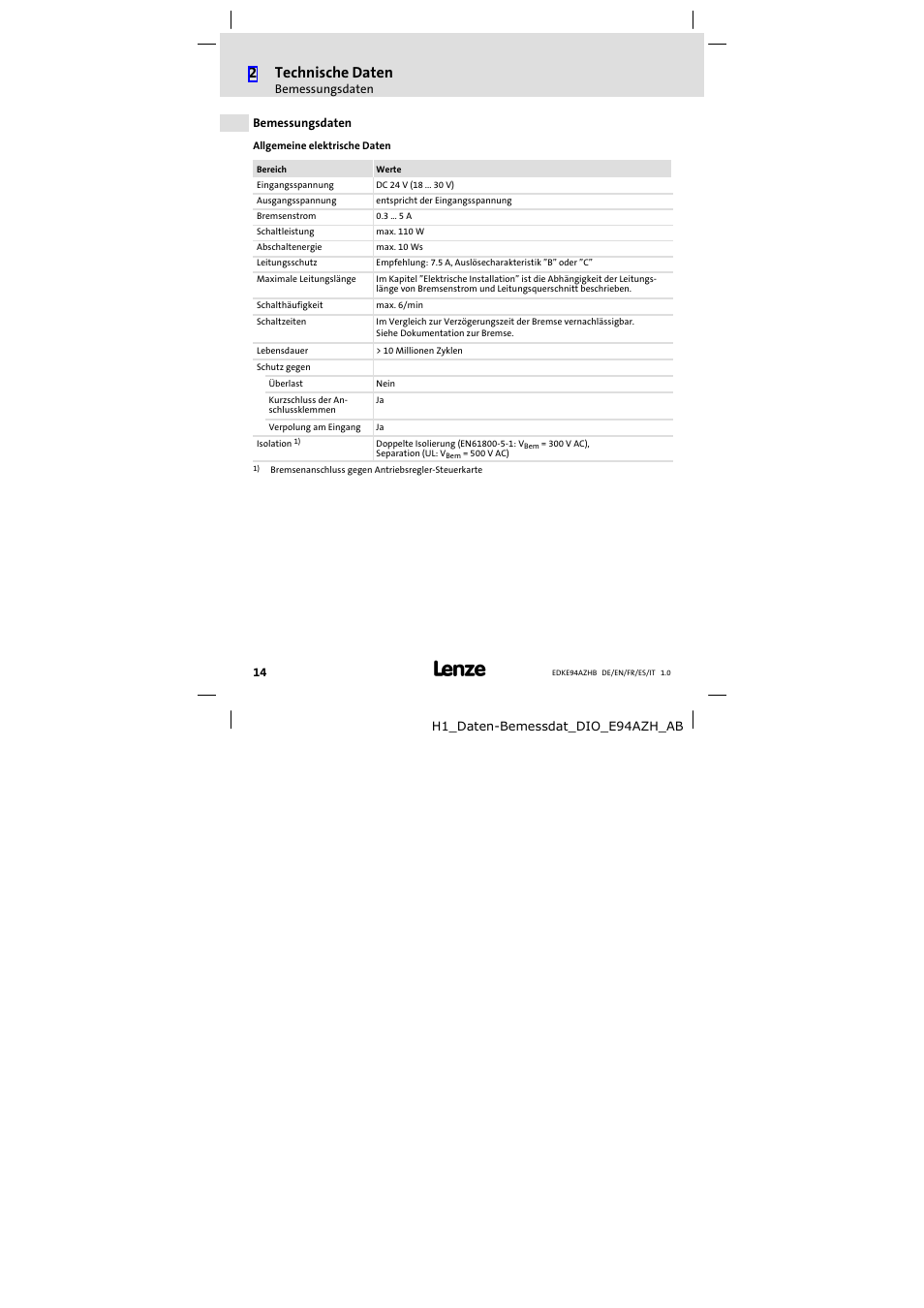 Bemessungsdaten, 2technische daten | Lenze E94AZHB0101 User Manual | Page 14 / 104