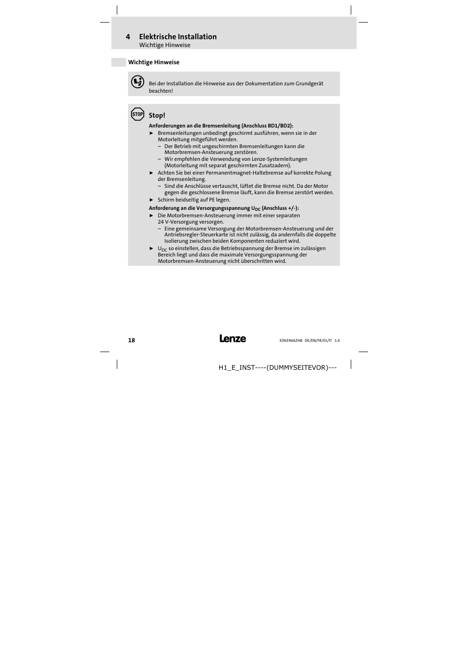 4 elektrische installation, Wichtige hinweise, Elektrische installation | 4elektrische installation | Lenze E94AZHB0101 User Manual | Page 18 / 104