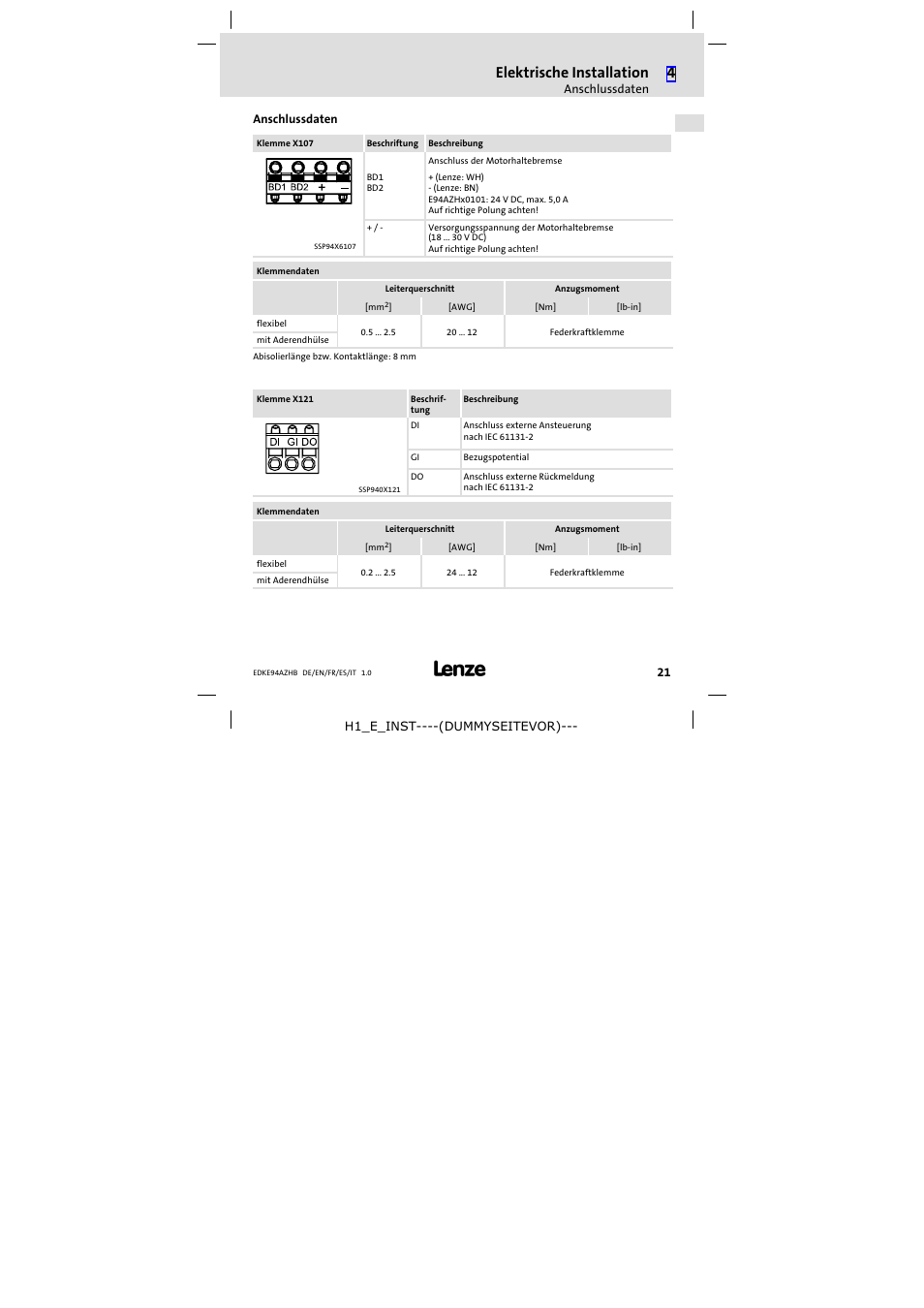 Anschlussdaten, Elektrische installation | Lenze E94AZHB0101 User Manual | Page 21 / 104