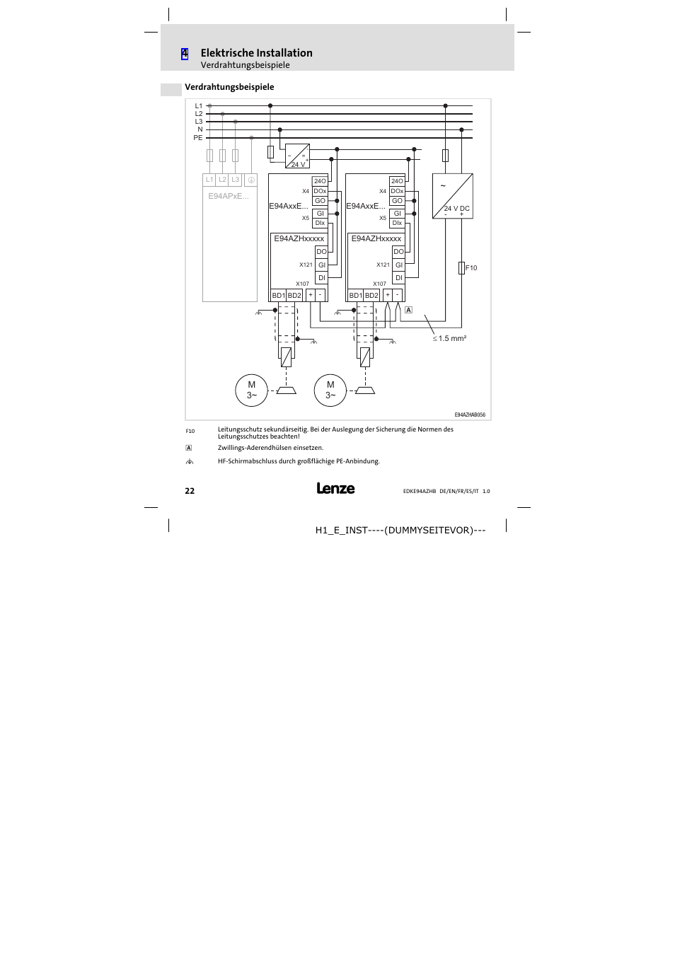 Verdrahtungsbeispiele, 4elektrische installation | Lenze E94AZHB0101 User Manual | Page 22 / 104