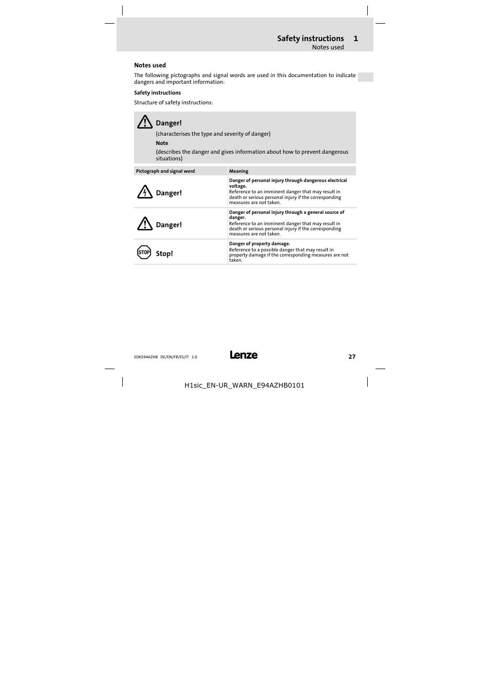 1 safety instructions, Notes used, Safety instructions | Lenze E94AZHB0101 User Manual | Page 27 / 104