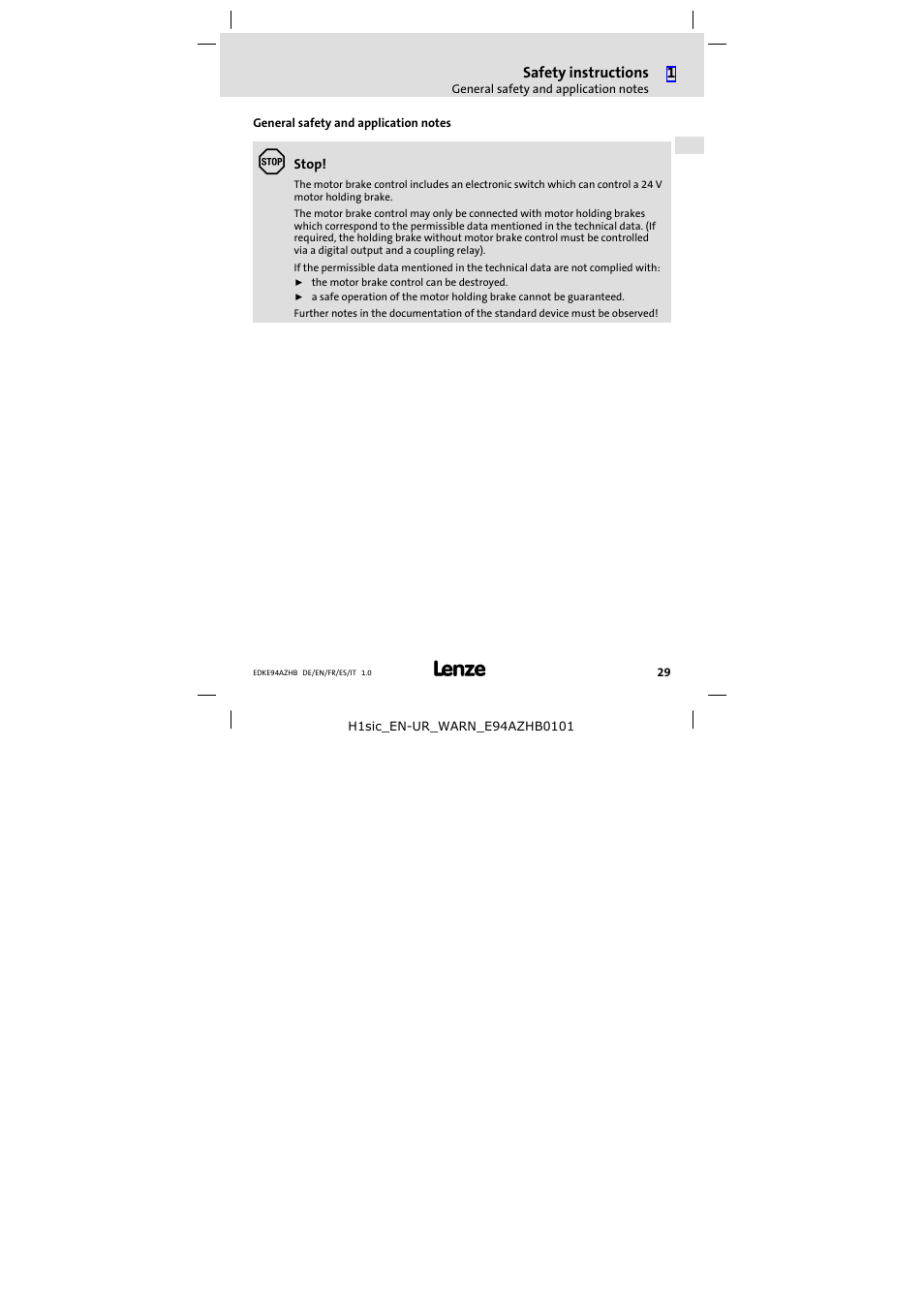 General safety and application notes | Lenze E94AZHB0101 User Manual | Page 29 / 104