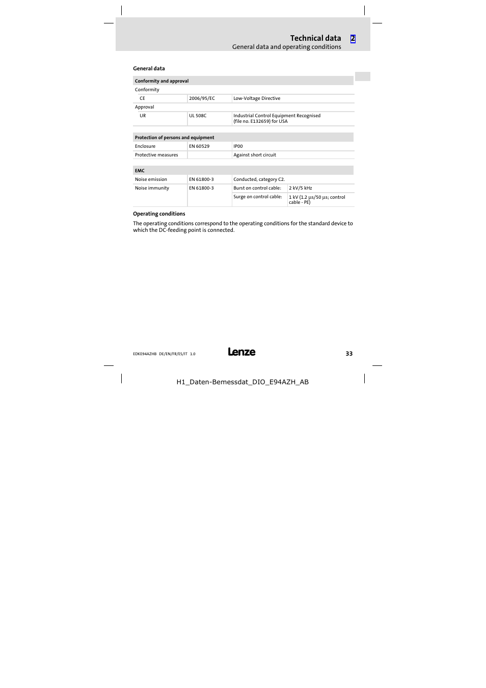 Technical data | Lenze E94AZHB0101 User Manual | Page 33 / 104