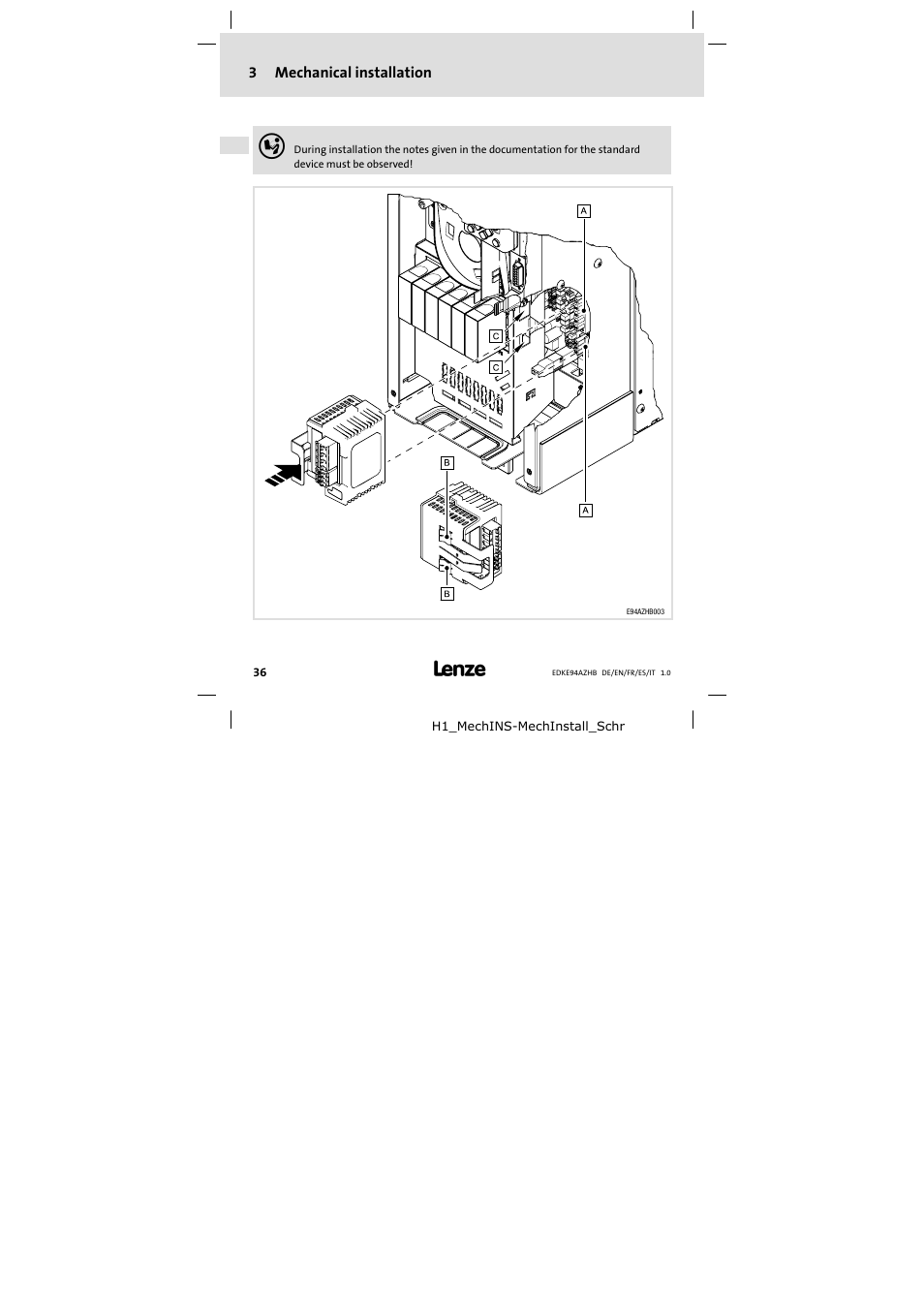 3 mechanical installation, Mechanical installation | Lenze E94AZHB0101 User Manual | Page 36 / 104