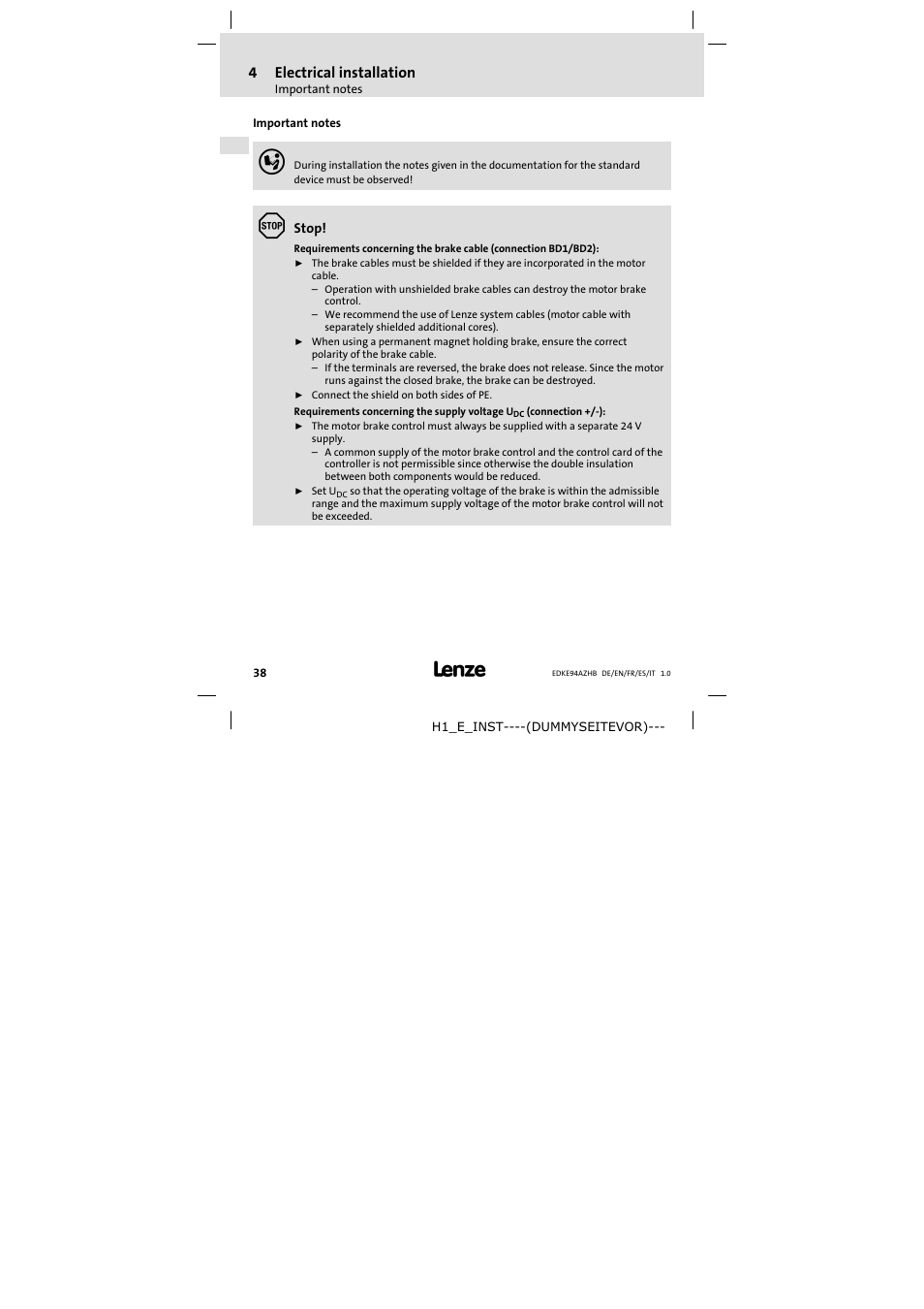 4 electrical installation, Important notes, Electrical installation | 4electrical installation | Lenze E94AZHB0101 User Manual | Page 38 / 104